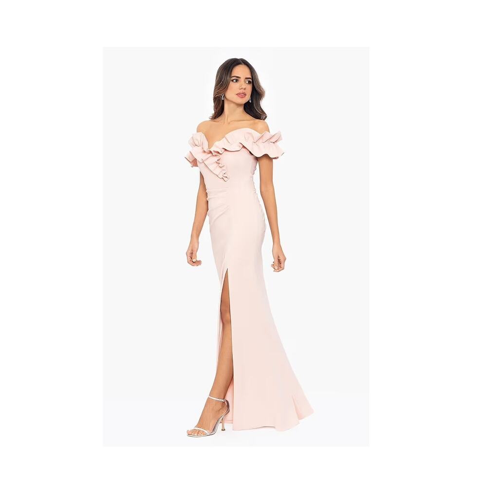 Xscape l Long Stretch Scuba Crepe Ruffle Collar Ruched Dress Size 4